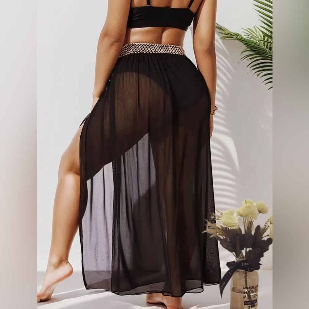 NEW| Plus Size Semi-Sheer Split Cover Up Skirt With High Cut Brief 2 Piece Set - Picture 6 of 6